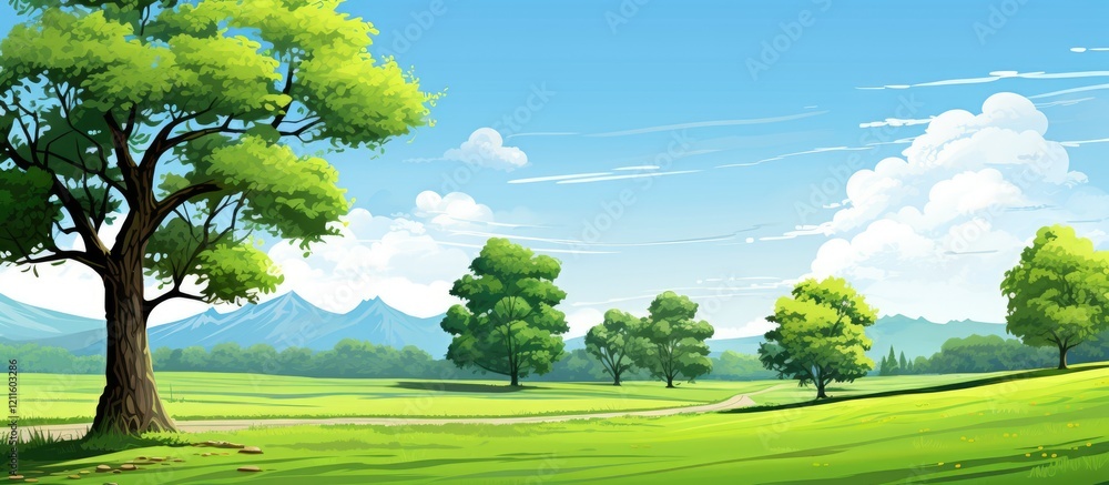 Aufkleber lush green landscape featuring vibrant trees under a clear blue sky with soft clouds and smooth gras