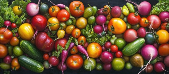 Colorful assortment of fresh vegetables including tomatoes, radishes, cucumbers, and greens arranged on a dark background for a vibrant farm-to-table look.