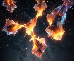 Fototapeta premium Ethereal flames entwined with crystalline shards suspended in mid-air, shimmering veil, ethereal light, frozen moment