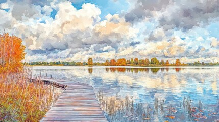 Fototapeta premium Autumn lake pier reflection scenic peaceful landscape
