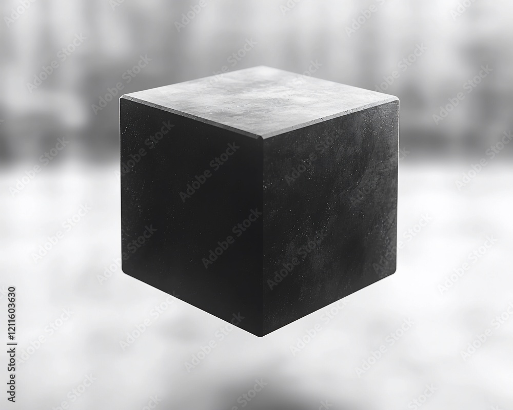 Poster dark gray cube, rough texture, floating.