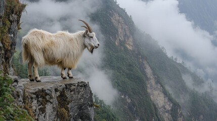 Obraz premium Journeying through the misty mountains where mountain goats navigate steep cliffs with remarkable agility. 