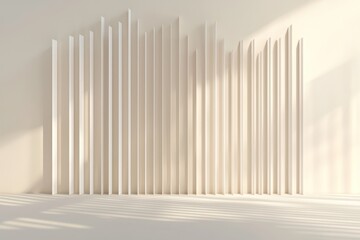 Illustrate a 3D minimalist scene with vertical lines on beige, reflective white accents for elegance.