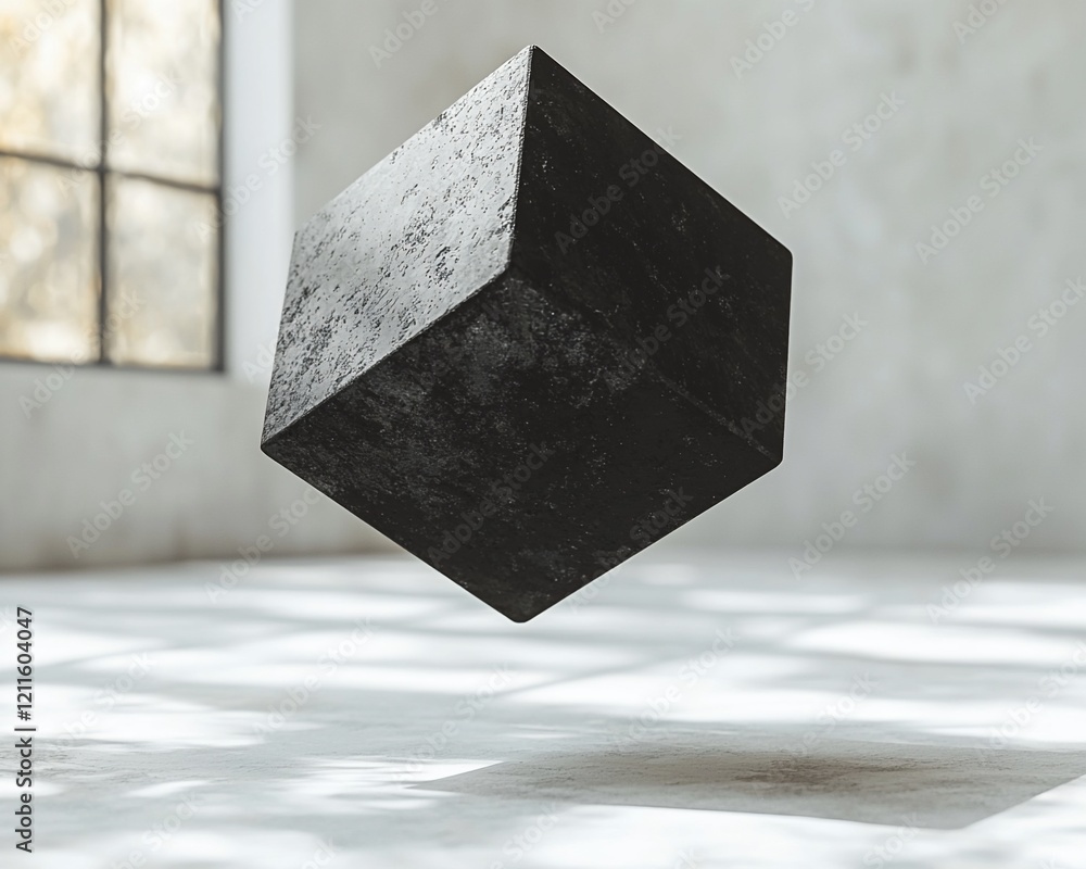 Poster levitating dark cube in minimalist room.