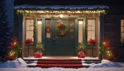 Obraz premium Festive Christmas entrance with garlands and wreath on a snowy porch, festive Christmas entrance, snowy porch