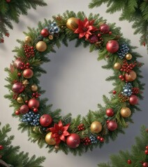 Festive and colorful Christmas wreath with evergreen branches and ornaments, holly berries, mistletoe