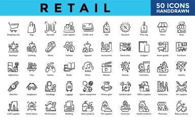 Retail icons set with shopping cart, bag, barcode, cash register, credit card, sale, discount, price tag, store, shop icon. Simple handdrawn vector 
