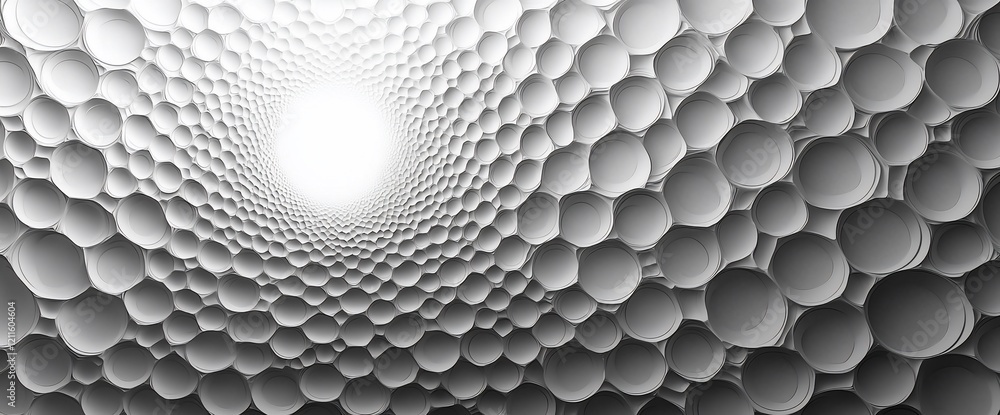 Poster abstract grayscale spiral of circles converging towards a bright light.