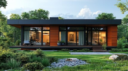 Fototapeta premium Modern Wooden House Design in Lush Green Setting