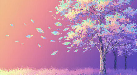 Fototapeta premium A surreal landscape with vibrant trees and falling leaves.