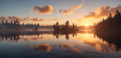 Obraz premium A warm golden light from an open fire on a still lake reflects off the calm water surface under a clear blue sky with only a few wispy clouds, open fire, calm water, warm lighting