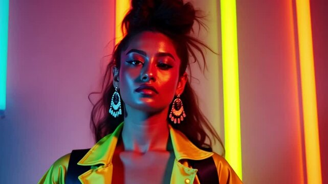 A confident young woman in a neon windbreaker and acid-washed jeans stands under colorful lights, holding a cassette player, embodying vibrant 1980s fashion.