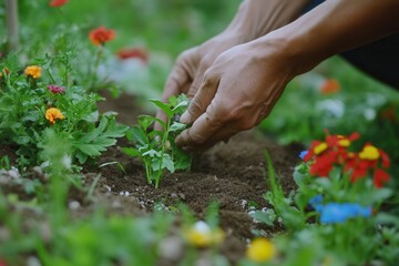 Gardener tenderly planting a vibrant sapling surrounded by blooming flowers and lush grass on a sunny day. Generative AI