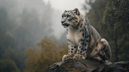 Obraz premium Journeying through the misty mountains where snow leopards silently roam cliffs with remarkable agility.