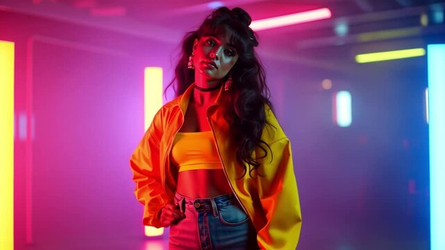 A confident young woman in a neon windbreaker and acid-washed jeans stands under colorful lights, holding a cassette player, embodying vibrant 1980s fashion.