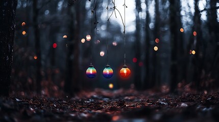 Enchanting forest path with glowing orbs,  blurred lights, autumn leaves, whimsical scene, ideal for fantasy or fairytale themes