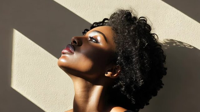 Sunlit Reverie: A young woman with beautiful dark curly hair gazes upward, her face bathed in the warm, dramatic light of sunbeams slicing through a window.  The image is evocative of hope.
