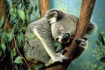 A cuddly koala nestled in the fork of a eucalyptus tree, chewing on leaves with a content expression.