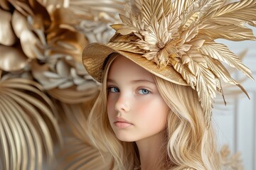 A young girl wears a stunning gold hat adorned with feathers, set against a backdrop of elegant floral decorations.