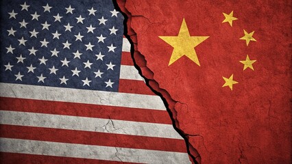 cracked american and chinese flags showing geopolitical tension and economic rivalry
