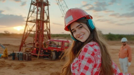 Exciting construction activity with young female worker oil field portrait sunset joyful atmosphere