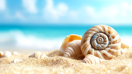 Seashells on Sandy Beach: Summer Vacation, Ocean Serenity, Coastal Paradise