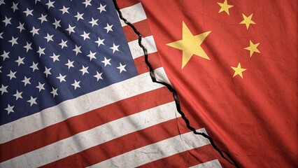 usa and china flags split by deep crack symbolizing political tension and conflict
