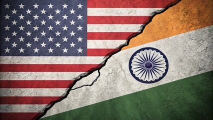divided usa and india flags with jagged crack representing strained international relations
