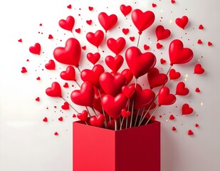 Red heart-shaped balloons emerging from a red cylindrical box against a minimalist white background. Horizontal romantic design.