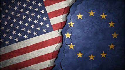 Obraz premium united states and eu flags torn apart with dramatic fracture, symbolizing disagreement 