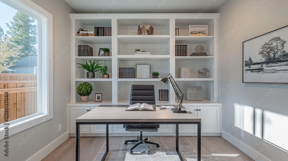 Poster a bright and modern home office featuring a minimalist bookshelf with open shelves, displaying books