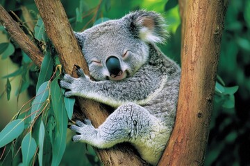 Obraz premium A cuddly koala nestled in the fork of a eucalyptus tree, chewing on leaves with a content expression.
