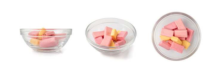 Fruit Chews Isolated, Pink Chewable Candies, Fruit Chew Candy Pile, Square Taffy, Colorful Gummy...