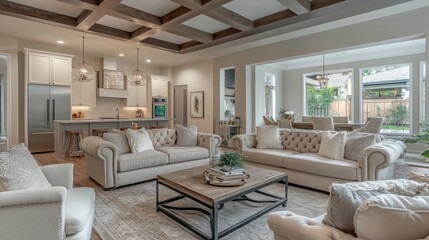 A chic living room in a luxury home, showcasing modern furniture, tasteful accents, and an open, airy ambiance filled with natural light.