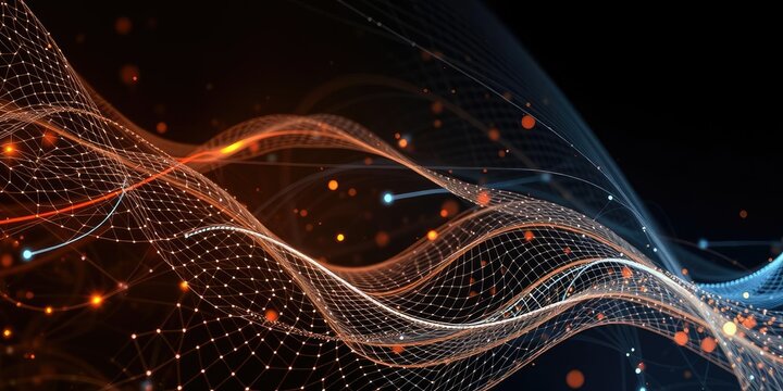 Complex mesh with swirling technology particles and glowing lines, mesh patterns, electronic circuitry, particle animation