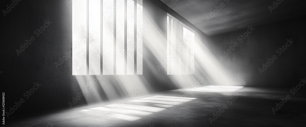 Poster sunbeams illuminating a dark, empty room.