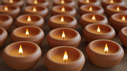 Many Lit Candles in Terracotta Holders on Wooden Surface.