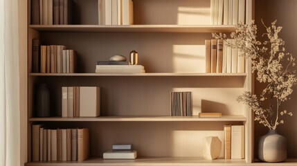 A close-up of a minimalist bookshelf in a modern home office, the open shelves showcasing a curated...