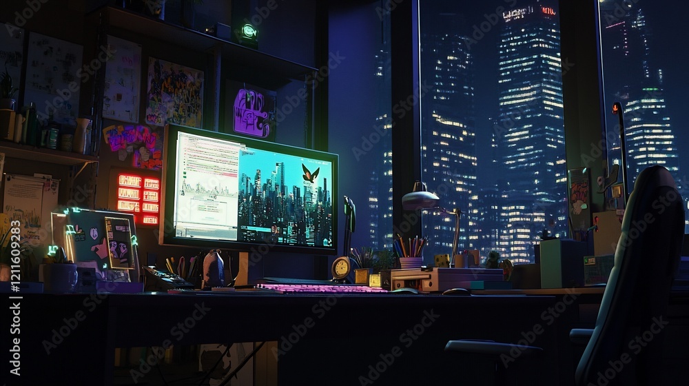Poster nighttime cityscape view from a workspace with a large computer screen and desk accessories