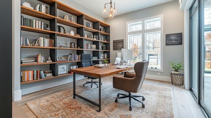 A contemporary home office featuring a minimalist bookshelf with open shelves, showcasing a clean...