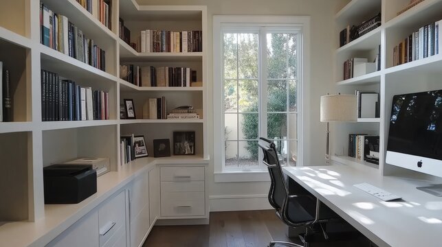 A contemporary home office featuring a minimalist bookshelf with open shelves, showcasing a clean and organized workspace with a touch of elegance.
