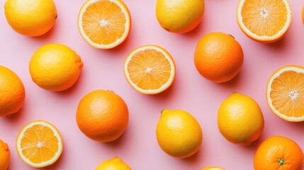 Pink background citrus fruit pattern, oranges, lemons, halves, overhead shot, food blog