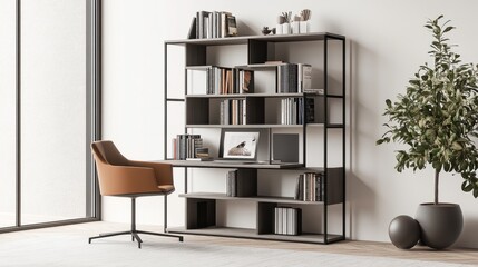 A contemporary home office with a minimalist bookshelf, open shelves offering a stylish and functional storage solution in the uncluttered space. © Intach
