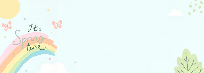 Spring-themed illustration with rainbow, sun, and clouds