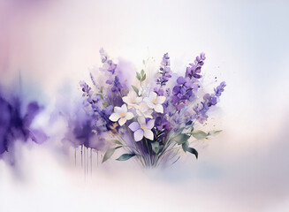 Obraz premium A watercolor painting of lavender and white flowers, softly rendered against a blurred, purple and white background. The delicate blooms are depicted with a romantic, ethereal quality.