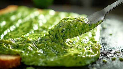 Creamy avocado spread being smeared onto toasted sourdough bread in a close-up view
