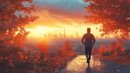 Fototapeta premium Person jogging along a scenic pathway at sunset, with vibrant autumn foliage and city skyline in background