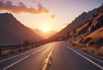 Peaceful journey on an empty mountain road at sunset, peaceful, mountain range, horizon