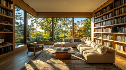 A cozy home library featuring custom built-in shelves, soft seating, and expansive views, creating a peaceful and inspiring place to work or read.