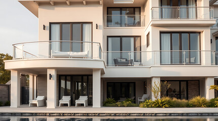 Fototapeta premium Luxury Waterfront House: Modern Architectural Design, Stunning Pool, and Breathtaking Views